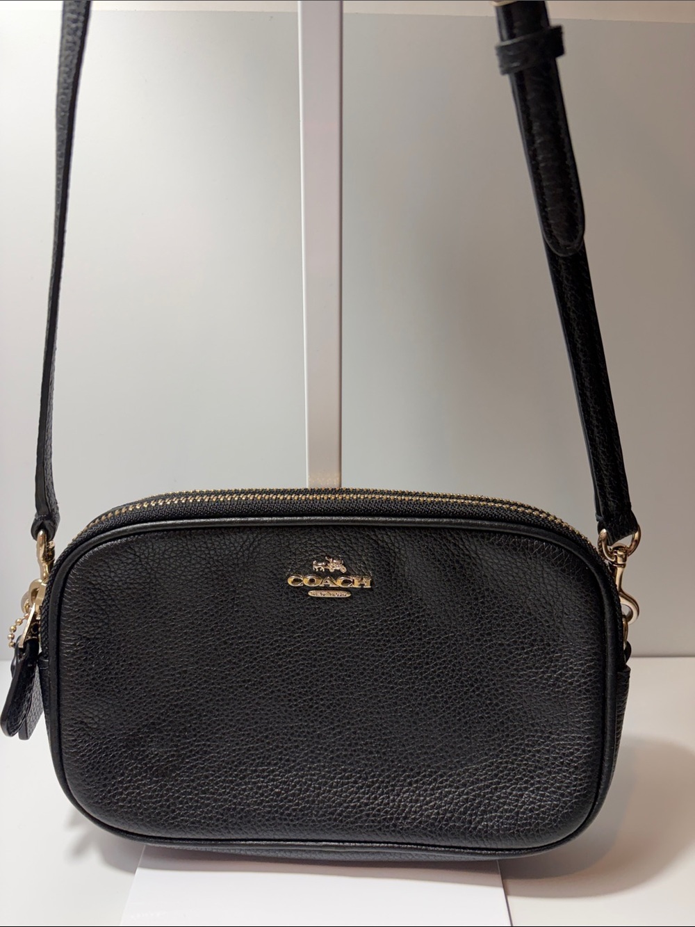 COACH F65988 Black Pebbled Leather Double-Zip Crossbody with Gold Hardware